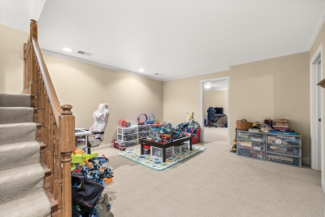 2621 Russet Dr, Plover, WI 54467 - game room featuring carpet flooring, ornamental molding, and recessed lighting
