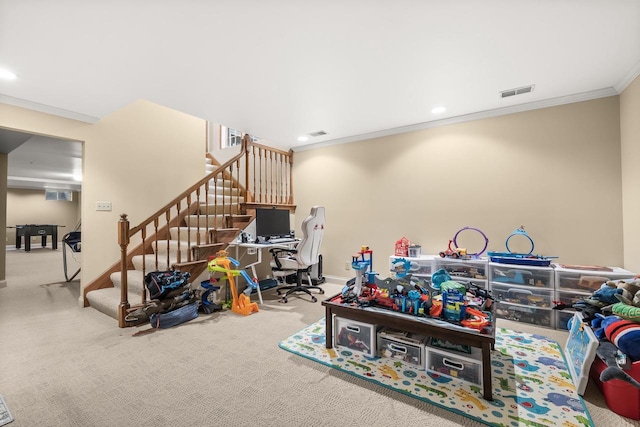 2621 Russet Dr, Plover, WI 54467 - playroom with carpet floors, crown molding, and recessed lighting