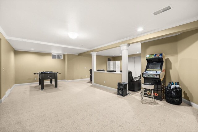 2621 Russet Dr, Plover, WI 54467 - rec room with carpet floors, decorative columns, recessed lighting, and ornamental molding