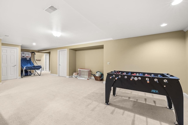 2621 Russet Dr, Plover, WI 54467 - recreation room featuring carpet, crown molding, and recessed lighting