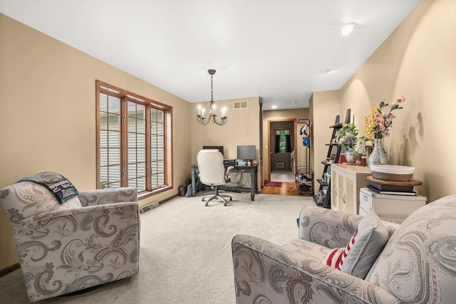 2621 Russet Dr, Plover, WI 54467 - living room featuring carpet flooring, a desk, and a chandelier