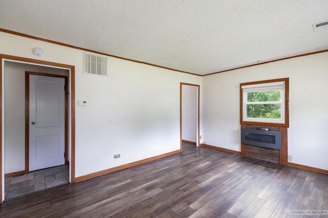 29 S Midvale Blvd, Madison, WI 53705 - empty room featuring dark wood-type flooring, a textured ceiling, crown molding, and a fireplace