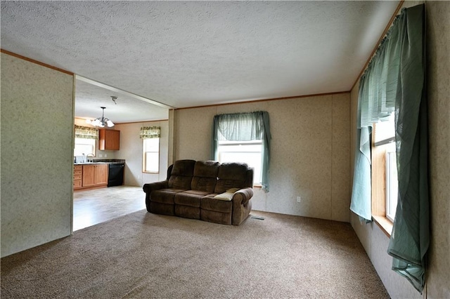 2329 Sand Rd, Shell Lake, WI 54871 - living area with a chandelier, light colored carpet, ornamental molding, and a textured ceiling