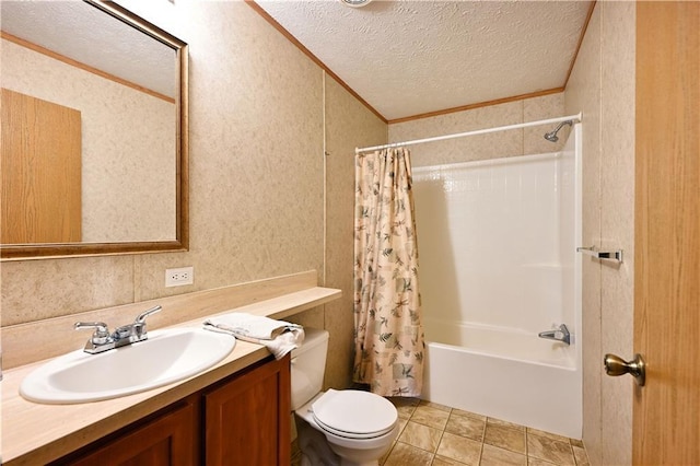 2329 Sand Rd, Shell Lake, WI 54871 - bathroom with vanity, a textured ceiling, ornamental molding, and shower / tub combo with curtain
