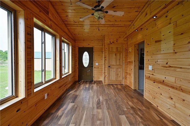 2329 Sand Rd, Shell Lake, WI 54871 - entrance foyer with lofted ceiling, wood walls, ceiling fan, dark wood finished floors, and wood ceiling