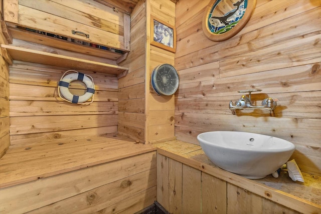 110 Chestnut Way, North Prairie, WI 53153 - bathroom featuring wooden walls and a sink