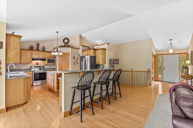 110 Chestnut Way, North Prairie, WI 53153 - kitchen with stainless steel appliances, lofted ceiling, under cabinet range hood, light wood finished floors, and a kitchen bar
