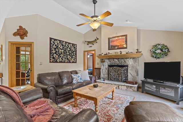 110 Chestnut Way, North Prairie, WI 53153 - carpeted living area with a ceiling fan, lofted ceiling, and a stone fireplace