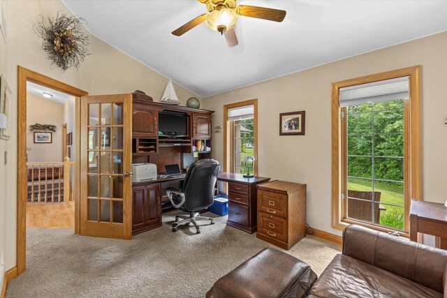 110 Chestnut Way, North Prairie, WI 53153 - office with vaulted ceiling, carpet floors, ceiling fan, and french doors