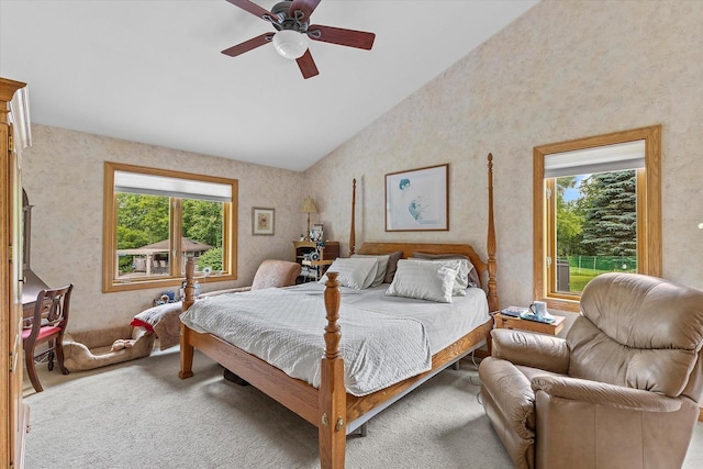 110 Chestnut Way, North Prairie, WI 53153 - carpeted bedroom featuring multiple windows, lofted ceiling, and ceiling fan