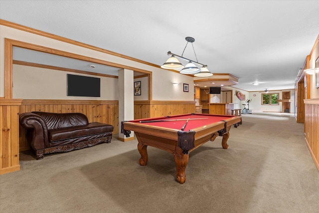 110 Chestnut Way, North Prairie, WI 53153 - playroom with wainscoting, pool table, carpet floors, wood walls, and crown molding