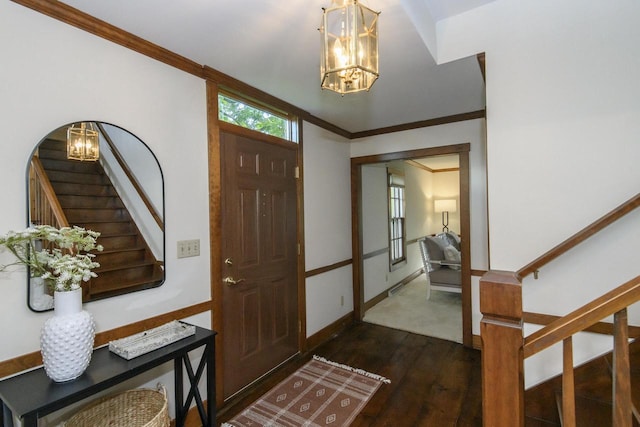 20800 Brook Park Dr, Brookfield, WI 53045 - foyer with a chandelier, stairway, dark wood finished floors, and crown molding