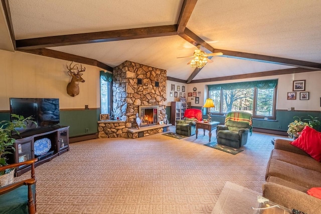 8420 Southview Dr, Crandon, WI 54520 - living area with a stone fireplace, carpet flooring, ceiling fan, and a textured ceiling