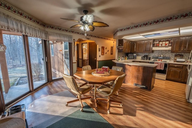 8420 Southview Dr, Crandon, WI 54520 - dining room with light wood-type flooring, a ceiling fan, and arched walkways