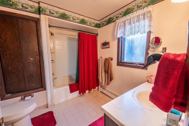 8420 Southview Dr, Crandon, WI 54520 - full bath with a baseboard heating unit, shower / tub combo, vanity, and tile patterned floors