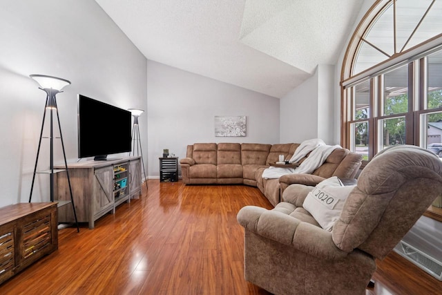 1434 Alcan Dr, Menasha, WI 54952 - living area with vaulted ceiling, wood finished floors, and a textured ceiling