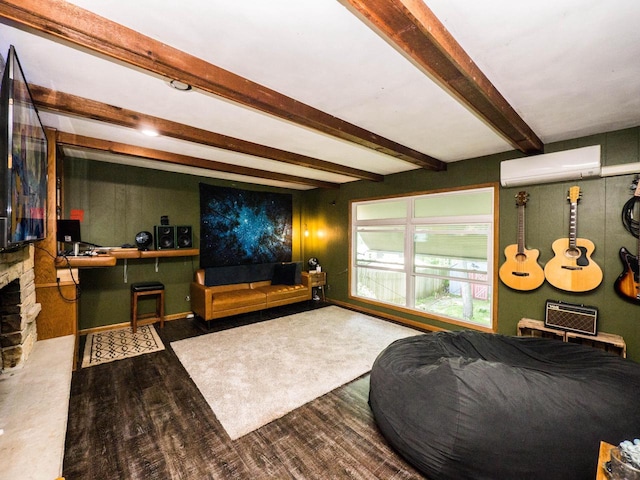 614 Decker Dr, West Bend, WI 53090 - living area with a wall unit AC, wood finished floors, beam ceiling, and a stone fireplace
