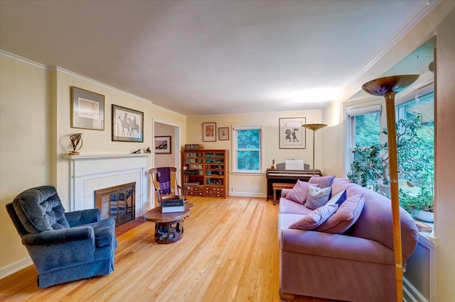 818 Ottawa Trl, Madison, WI 53711 - living area with ornamental molding, wood finished floors, and a fireplace