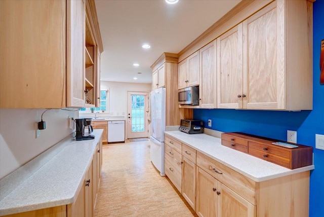 818 Ottawa Trl, Madison, WI 53711 - kitchen featuring light brown cabinets, white appliances, open shelves, light countertops, and recessed lighting