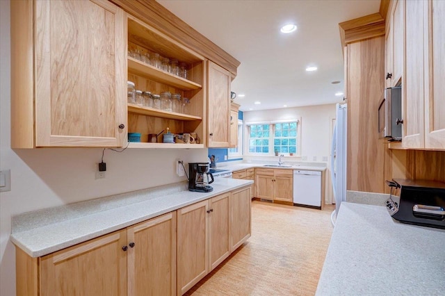 818 Ottawa Trl, Madison, WI 53711 - kitchen featuring light brown cabinetry, white dishwasher, stainless steel microwave, light countertops, and open shelves