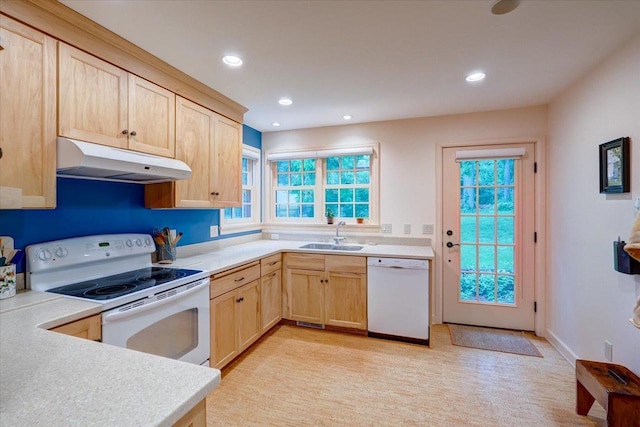 818 Ottawa Trl, Madison, WI 53711 - kitchen with white appliances, under cabinet range hood, light brown cabinets, recessed lighting, and light countertops