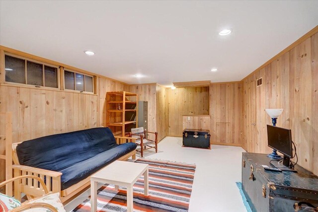 818 Ottawa Trl, Madison, WI 53711 - carpeted living room with wood walls and recessed lighting