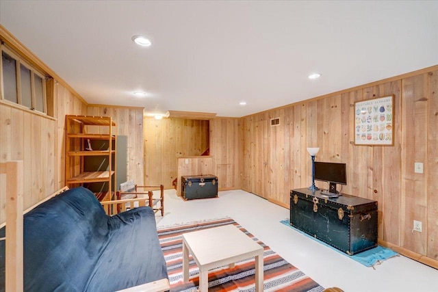 818 Ottawa Trl, Madison, WI 53711 - living room with wooden walls, recessed lighting, and carpet flooring
