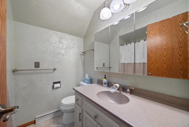 1341 Fieldstone Ct, Neenah, WI 54956 - bathroom featuring vaulted ceiling, vanity, a baseboard radiator, and a shower with curtain