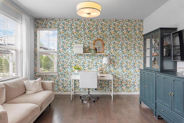 7845 W Mourning Dove Ln, Mequon, WI 53097 - office area with wallpapered walls and wood finished floors