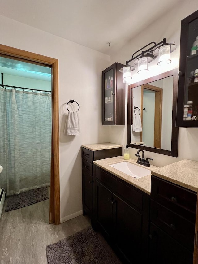 5116 S 84th St, Greendale, WI 53129 - bathroom with wood finished floors, vanity, and curtained shower