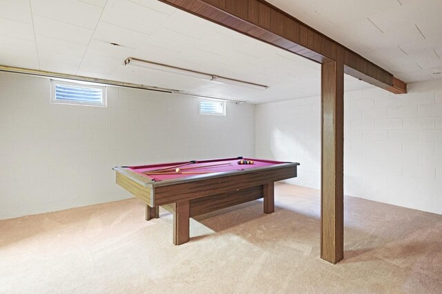 324 E Market St, Burlington, WI 53105 - playroom with light carpet, healthy amount of natural light, billiards, and concrete block wall