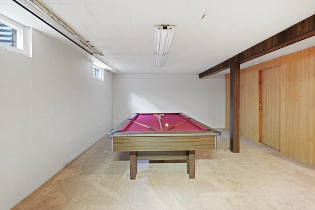 324 E Market St, Burlington, WI 53105 - playroom featuring billiards table, carpet, concrete block wall, and wooden walls