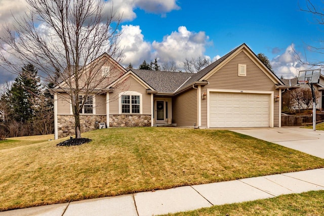 431 Thurow Dr, Oconomowoc, WI 53066 - ranch-style house with concrete driveway, a garage, a front lawn, and stone siding