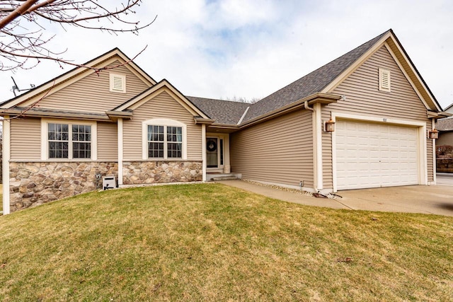 431 Thurow Dr, Oconomowoc, WI 53066 - ranch-style house featuring driveway, a front lawn, a shingled roof, a garage, and stone siding