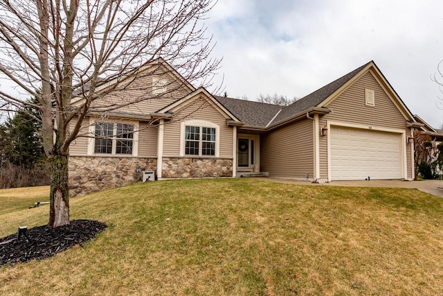 431 Thurow Dr, Oconomowoc, WI 53066 - single story home with an attached garage, a front lawn, driveway, roof with shingles, and stone siding