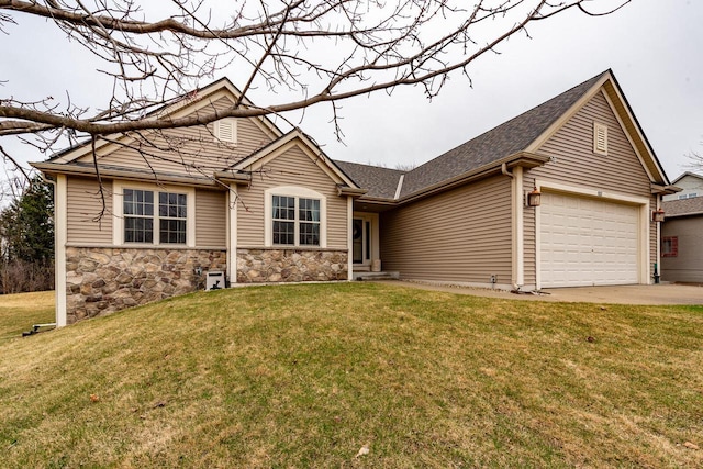 431 Thurow Dr, Oconomowoc, WI 53066 - single story home featuring a garage, driveway, a front yard, and stone siding