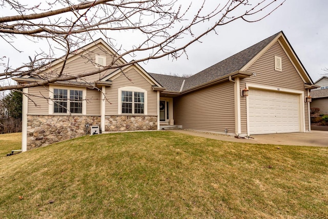 431 Thurow Dr, Oconomowoc, WI 53066 - single story home with driveway, an attached garage, a front yard, roof with shingles, and stone siding