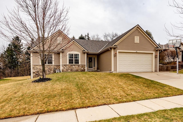 431 Thurow Dr, Oconomowoc, WI 53066 - single story home featuring concrete driveway, an attached garage, a front yard, and stone siding