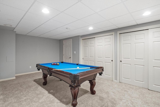 3259 Emmertsen Rd, Racine, WI 53406 - rec room featuring carpet, recessed lighting, pool table, and a paneled ceiling
