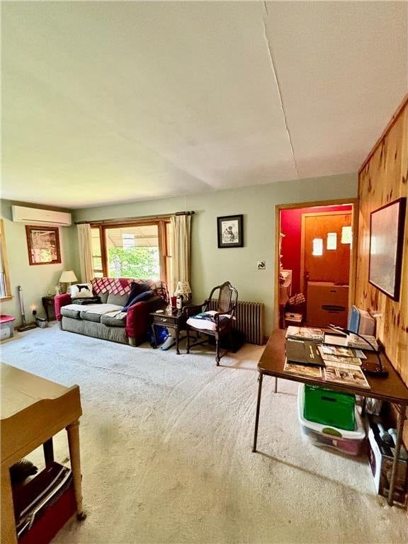 306 Pleasant Ave, Frederic, WI 54837 - living area with carpet flooring, healthy amount of natural light, radiator heating unit, and a wall mounted AC