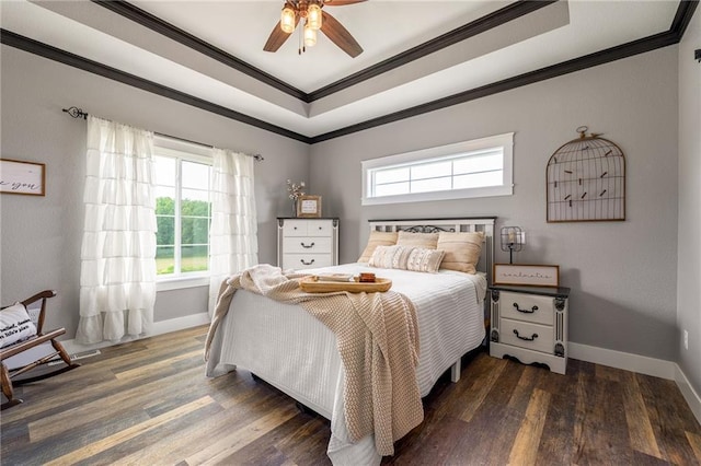 4801 358th St, Stanley, WI 54768 - bedroom with a raised ceiling, multiple windows, crown molding, wood finished floors, and a ceiling fan
