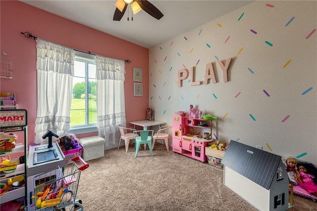 4801 358th St, Stanley, WI 54768 - game room with a ceiling fan and carpet floors