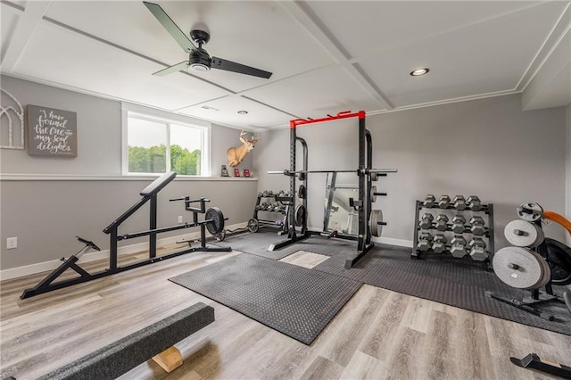 4801 358th St, Stanley, WI 54768 - workout room featuring a ceiling fan, wood finished floors, and recessed lighting
