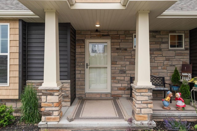 N9225 Constellation Dr, Appleton, WI 54915 - property entrance featuring a porch, stone siding, and roof with shingles