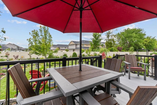 N9225 Constellation Dr, Appleton, WI 54915 - deck featuring a fenced backyard, outdoor dining space, and a residential view
