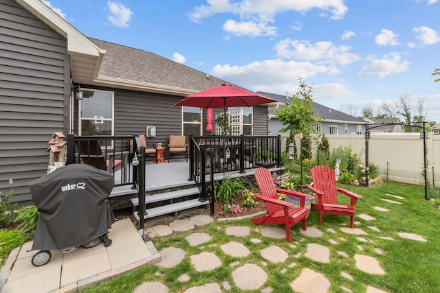 N9225 Constellation Dr, Appleton, WI 54915 - view of yard featuring a wooden deck and outdoor dining space