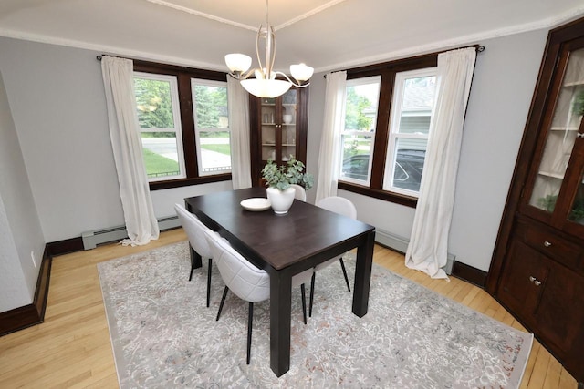 1522 S Sunny Slope Rd, New Berlin, WI 53151 - dining area featuring light wood-type flooring, baseboard heating, and a chandelier