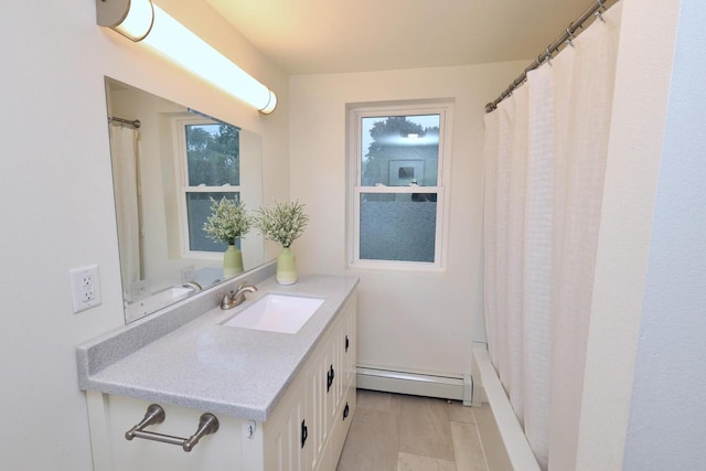 1522 S Sunny Slope Rd, New Berlin, WI 53151 - full bath with baseboard heating, vanity, and shower / tub combo