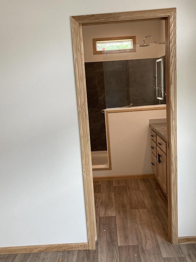 501 View St, Tomah, WI 54660 - full bath featuring a walk in shower, vanity, and wood finished floors