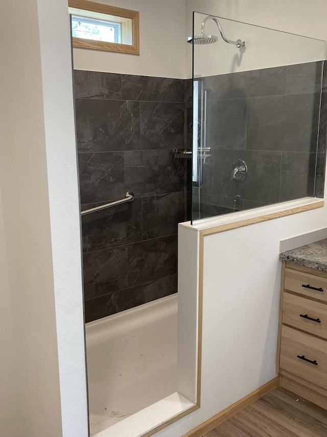 501 View St, Tomah, WI 54660 - bathroom featuring a walk in shower, vanity, and wood finished floors